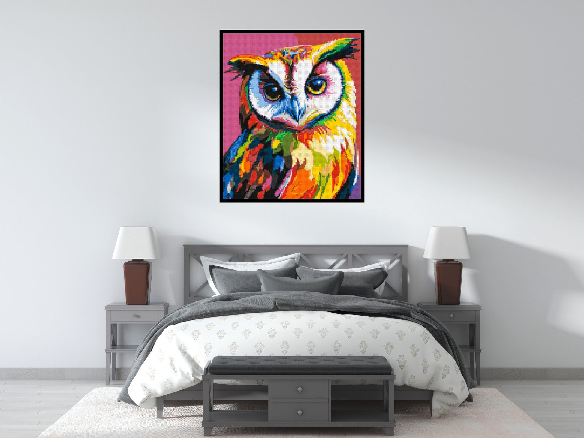 Owl Colourful Pop Art - Brick Art Mosaic Kit 5x6 scene with frame