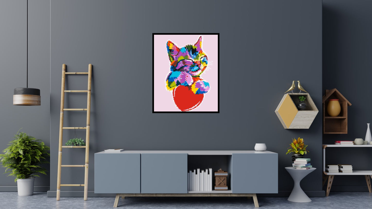 Cat with a Heart Colourful Pop Art - Brick Art Mosaic Kit 5x6 large