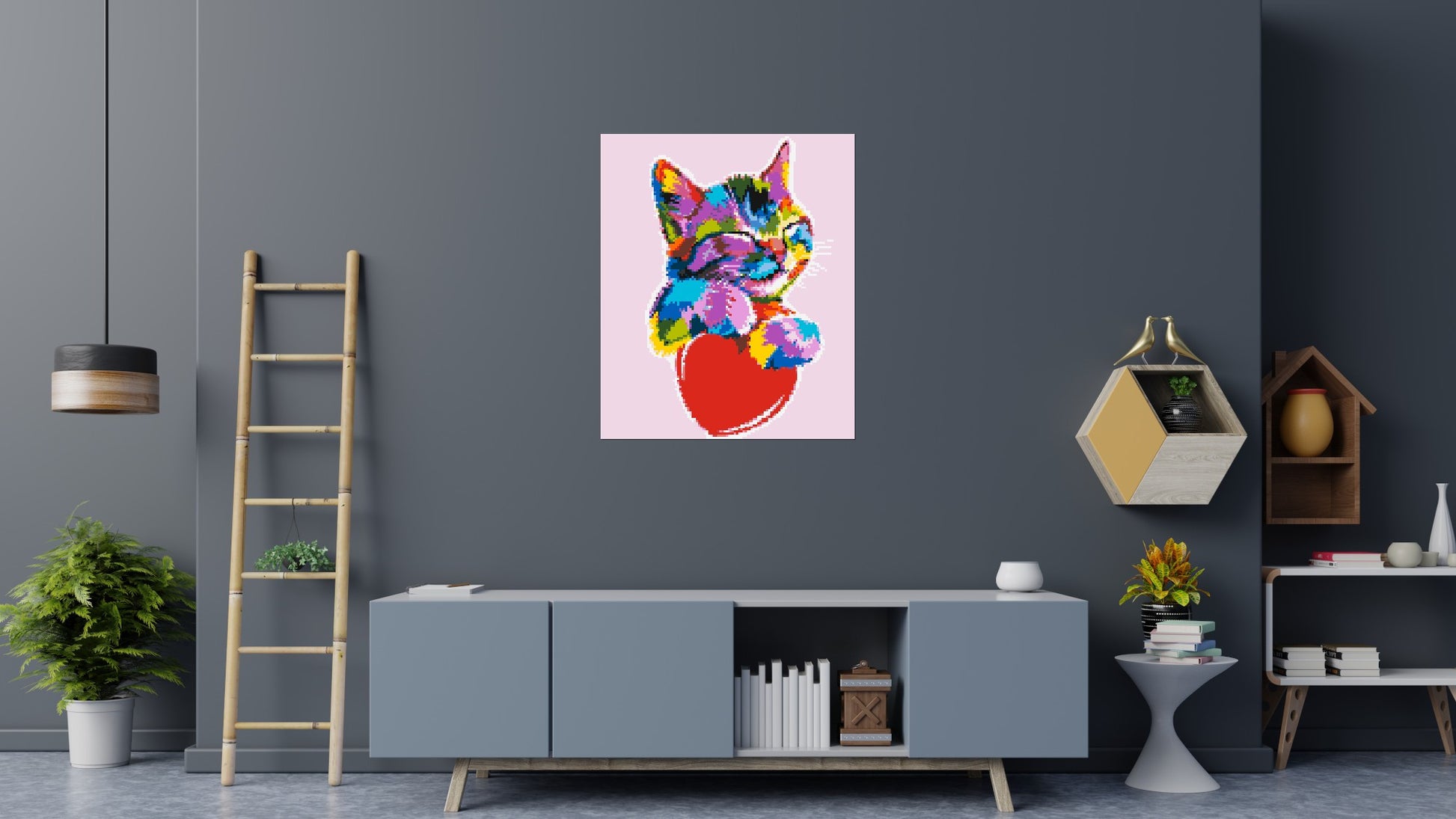 Cat with a Heart Colourful Pop Art - Brick Art Mosaic Kit 5x6 scene