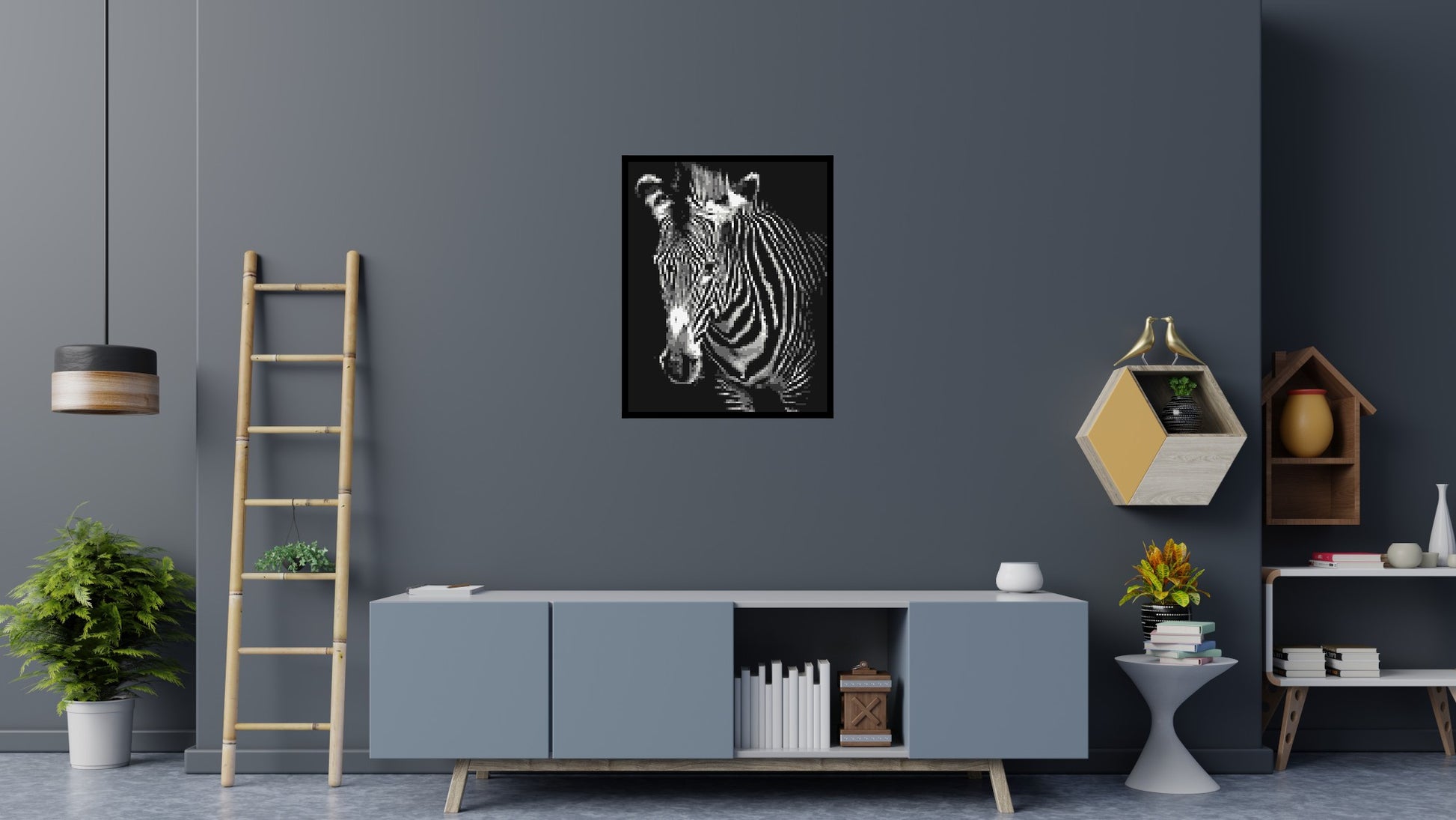 Black & White Zebra - Brick Art Mosaic Kit 4x5 scene with frame